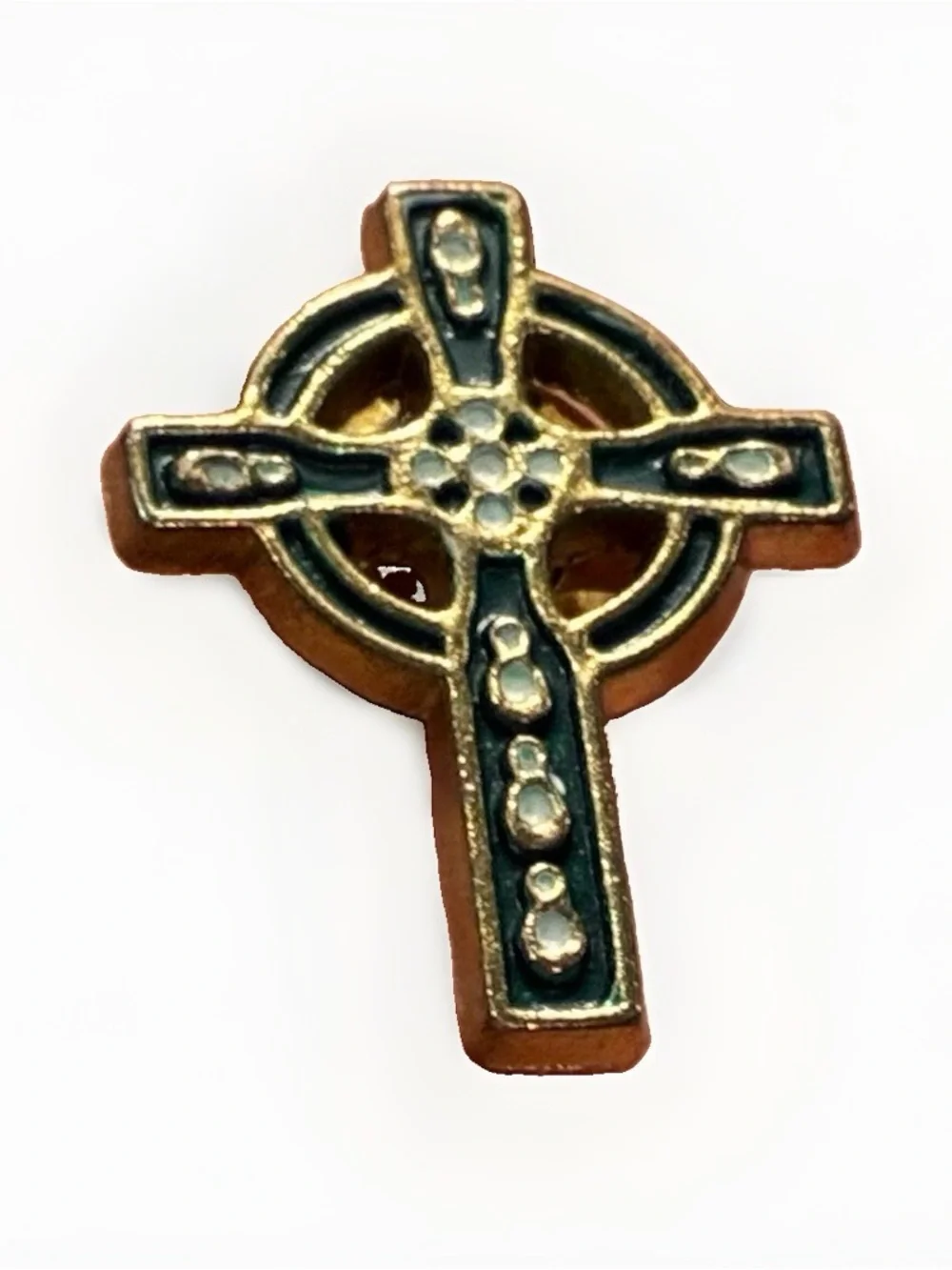 Vintage Celtic Cross Lapel Pin Green Enamel Gold Tone Irish Knotwork Tie Tack